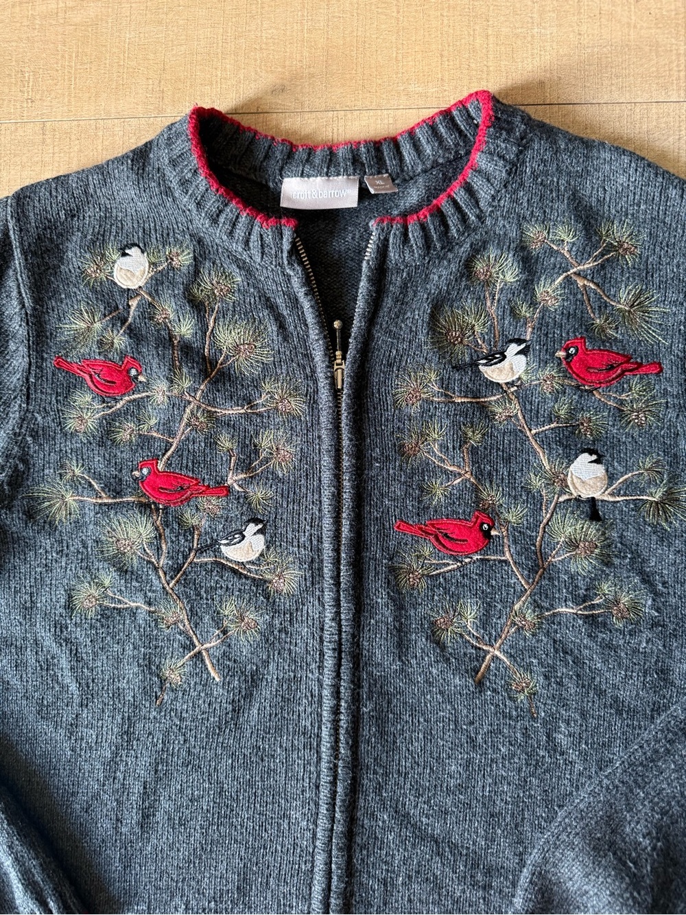 Vtg Embroidered Cardinal bird Christmas Cottagecore Sweater XL ramie silk blend - Picture 3 of 9